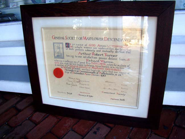 A RARE "General Society of MAYFLOWER Descendants" certificate issued Dec. 24, 1910 to Arthur Robert Turner. — image 3
